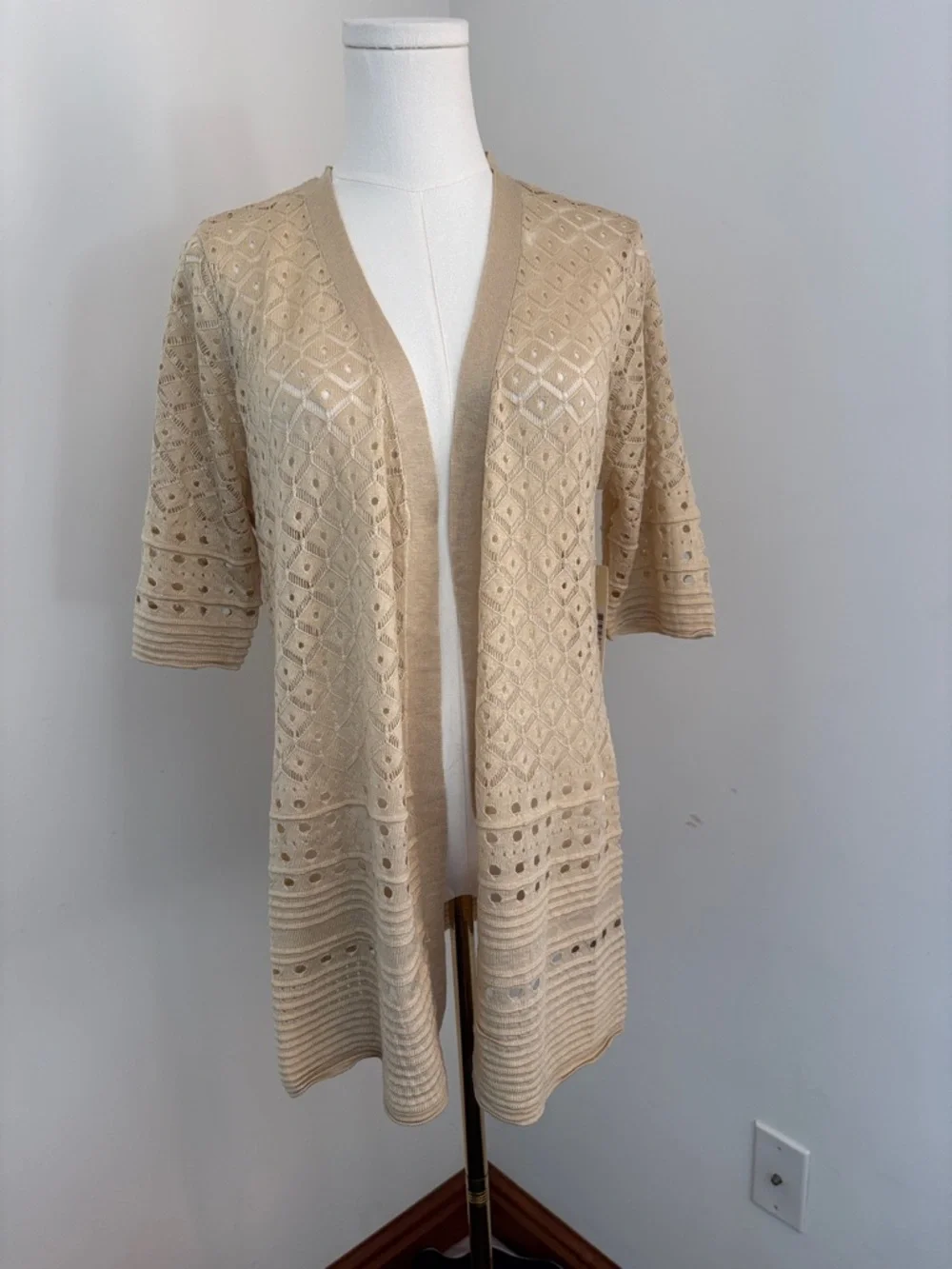 Cyrus Beige Open-Knit Short Sleeve Cardigan - Picture 1 of 5